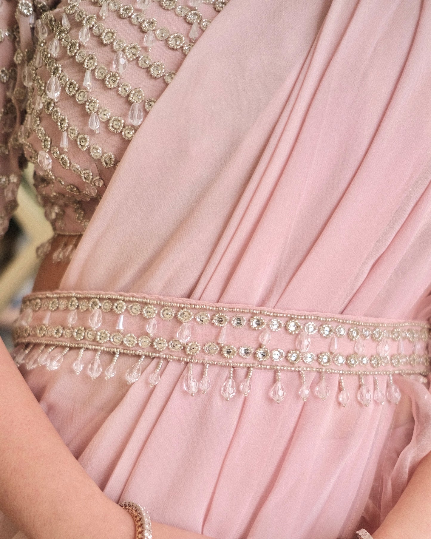 Peach Ruffle Saree with Hand-Embroidered Blouse & Belt