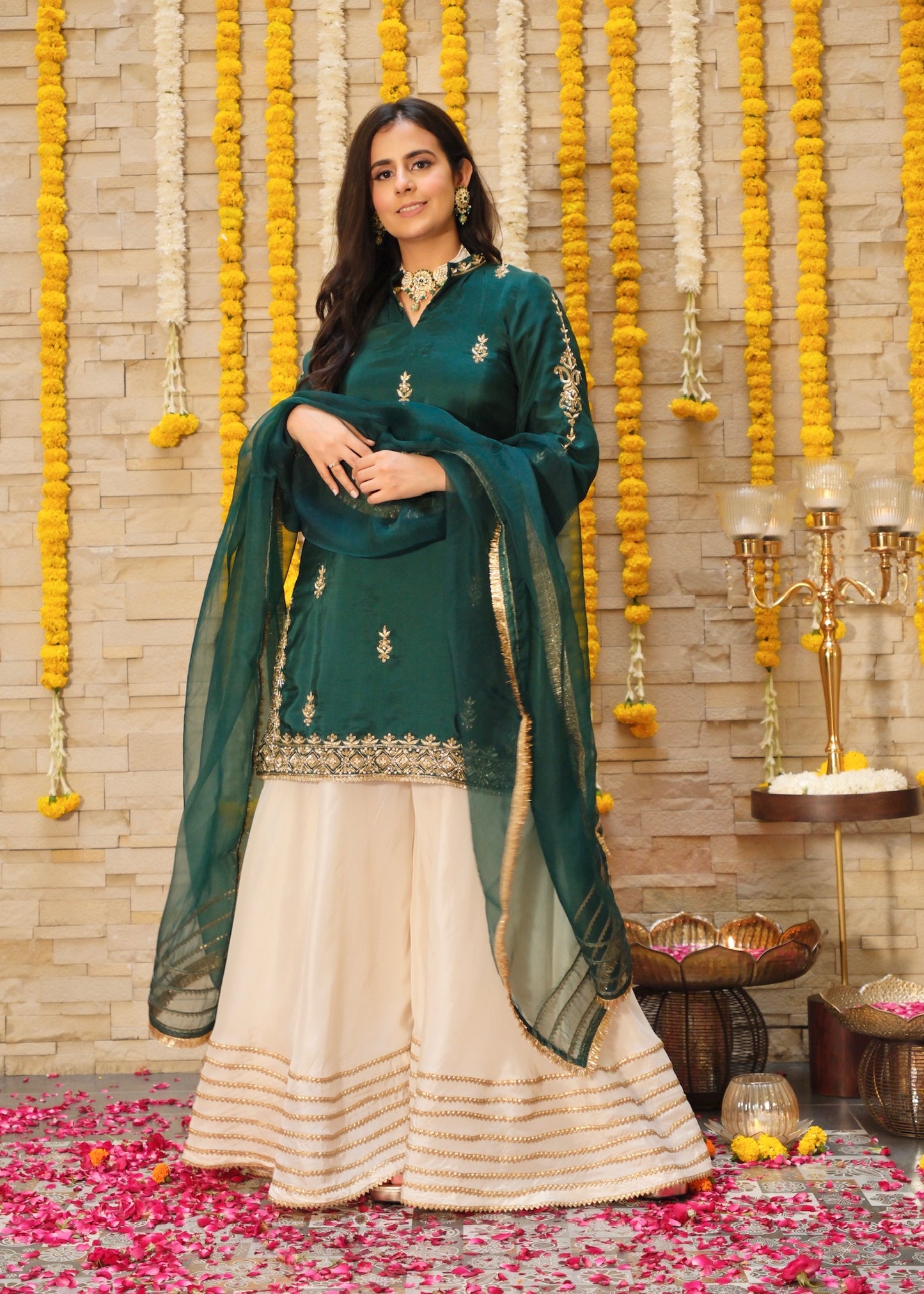 Sitara- Bottle Green Contrast Sharara Set