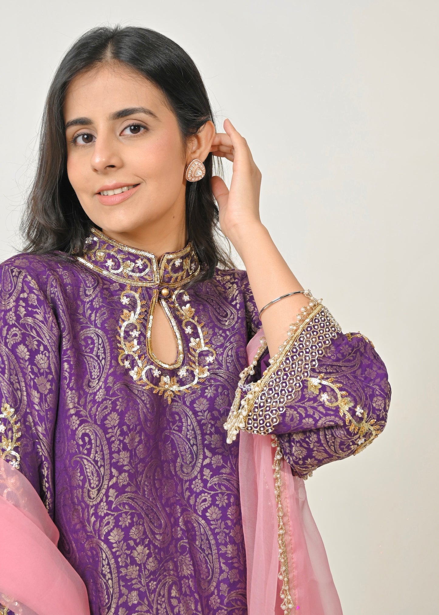 Noor Hand-Embroidered Banarasi Suit Set- Purple