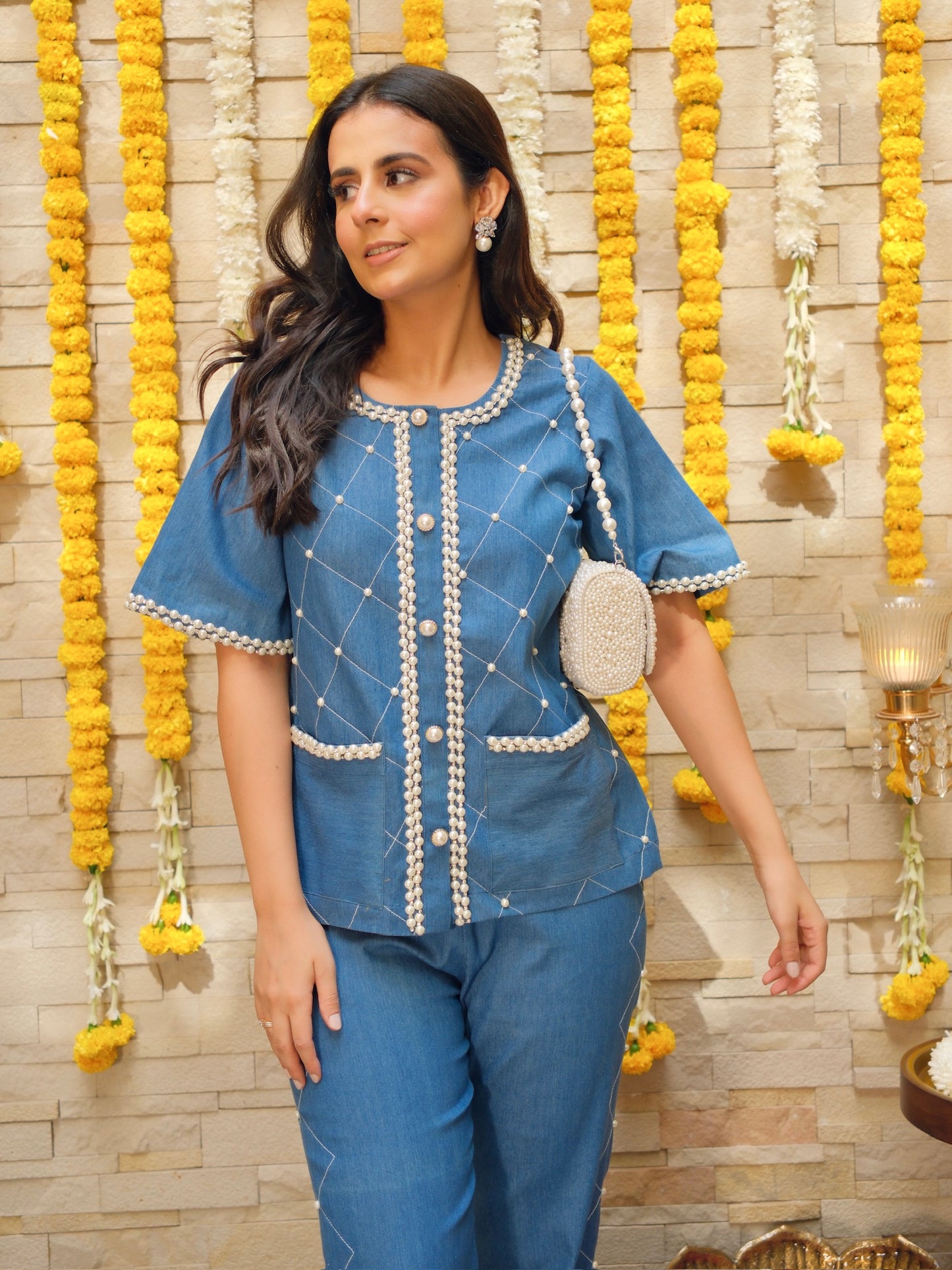 Denim Pearl Embroidered Co-ord Set
