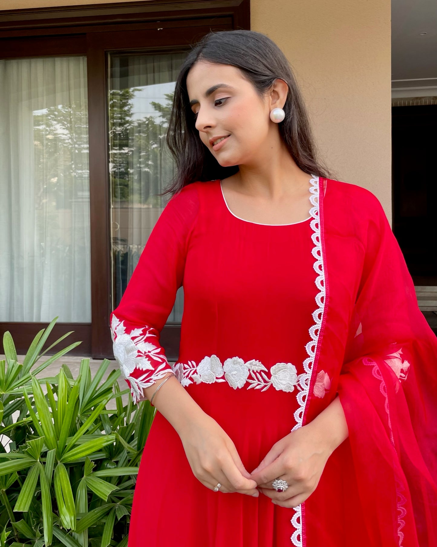 Scarlet Red Embroidered Anarkali Set