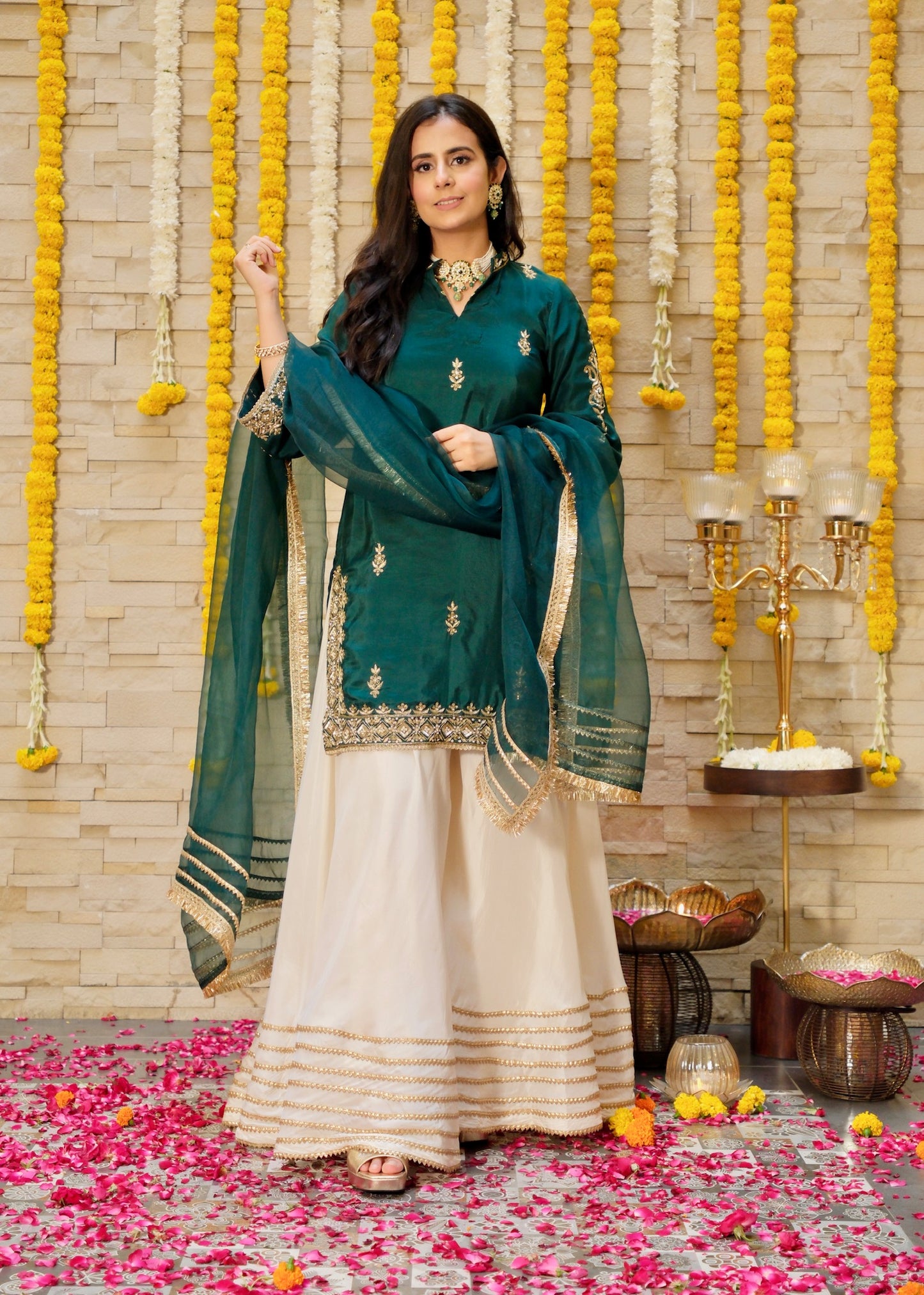 Sitara- Bottle Green Contrast Sharara Set