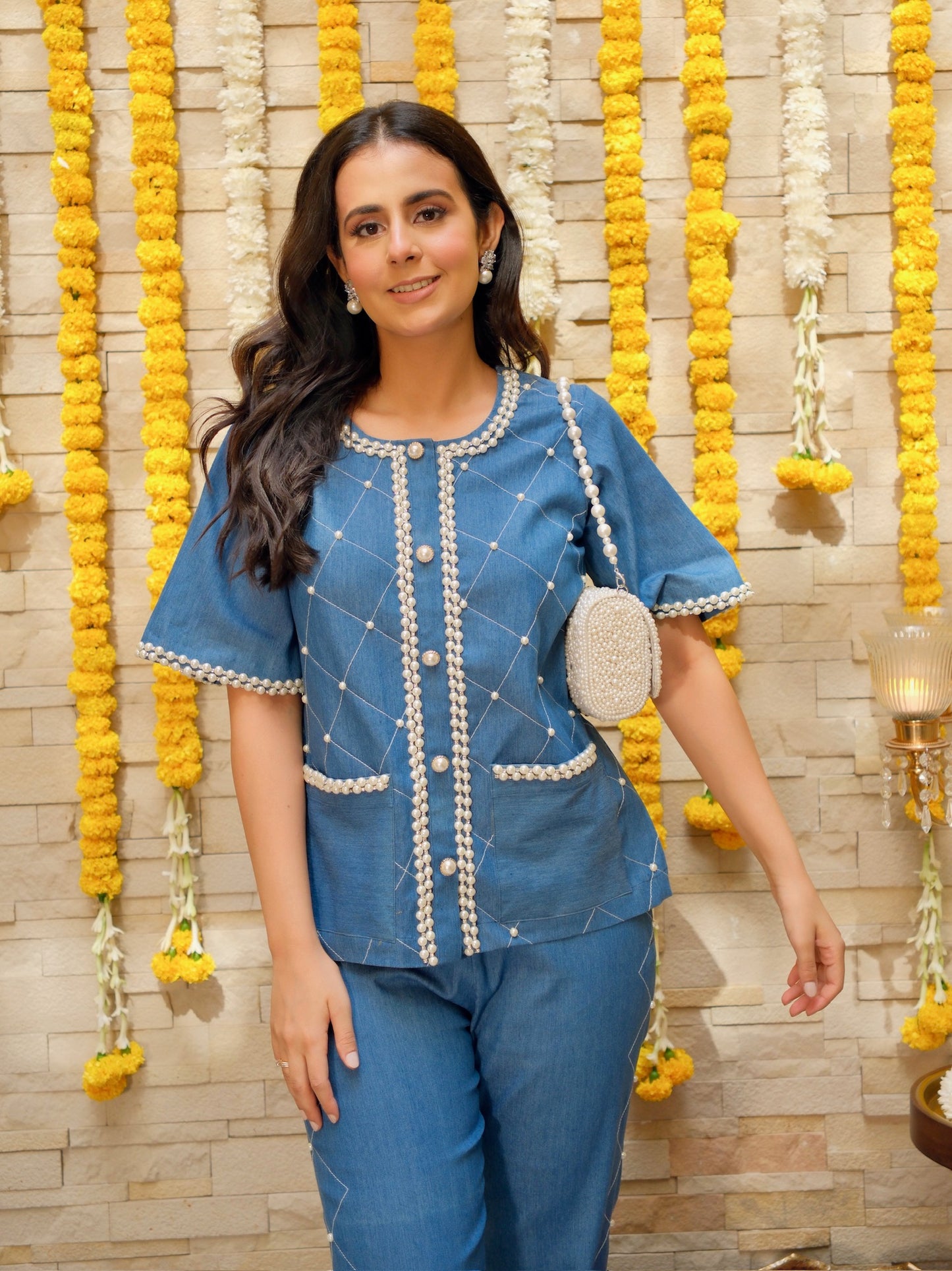 Denim Pearl Embroidered Co-ord Set