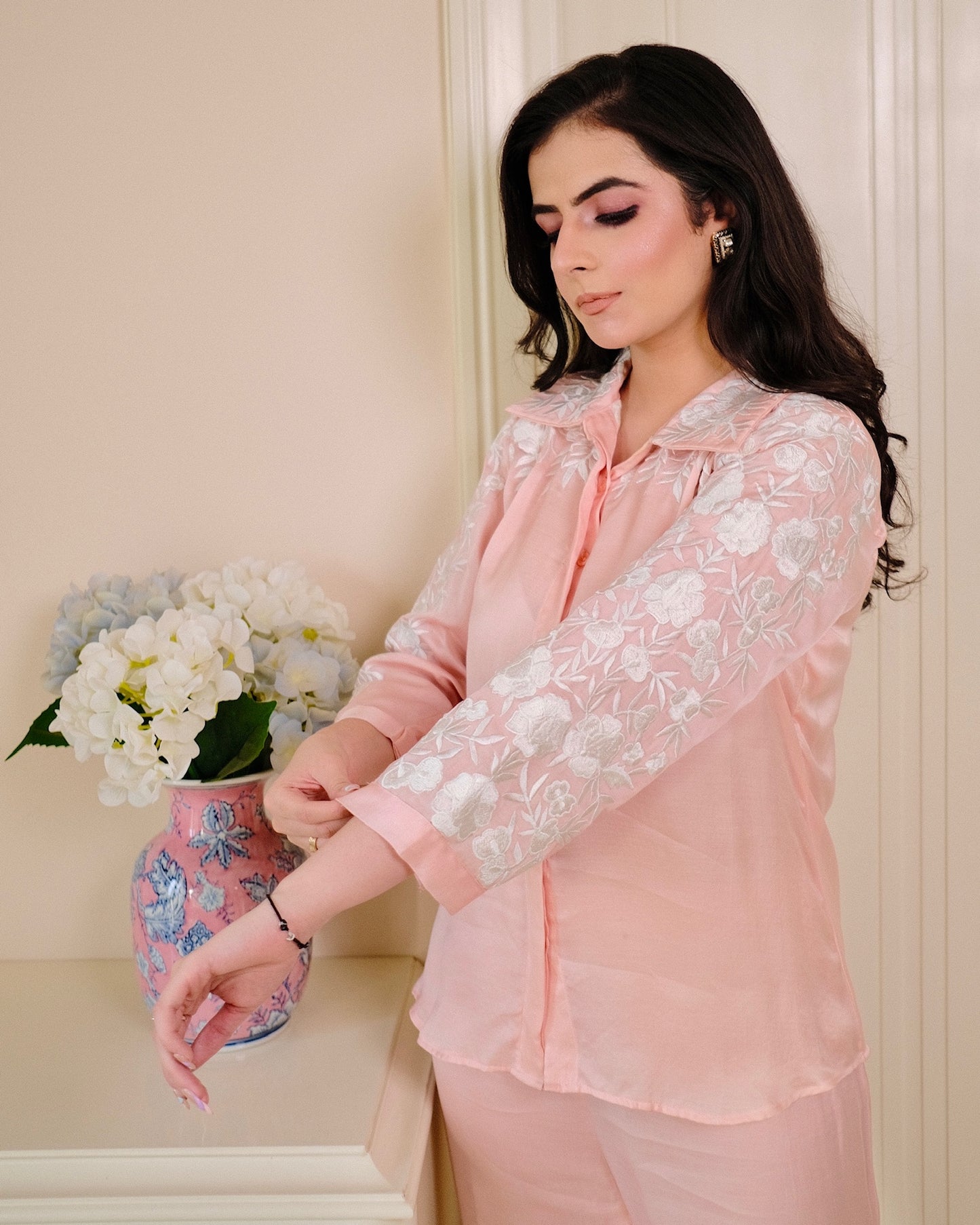 Peach Cotton Modal Co-ord Set with Thread Embroidery