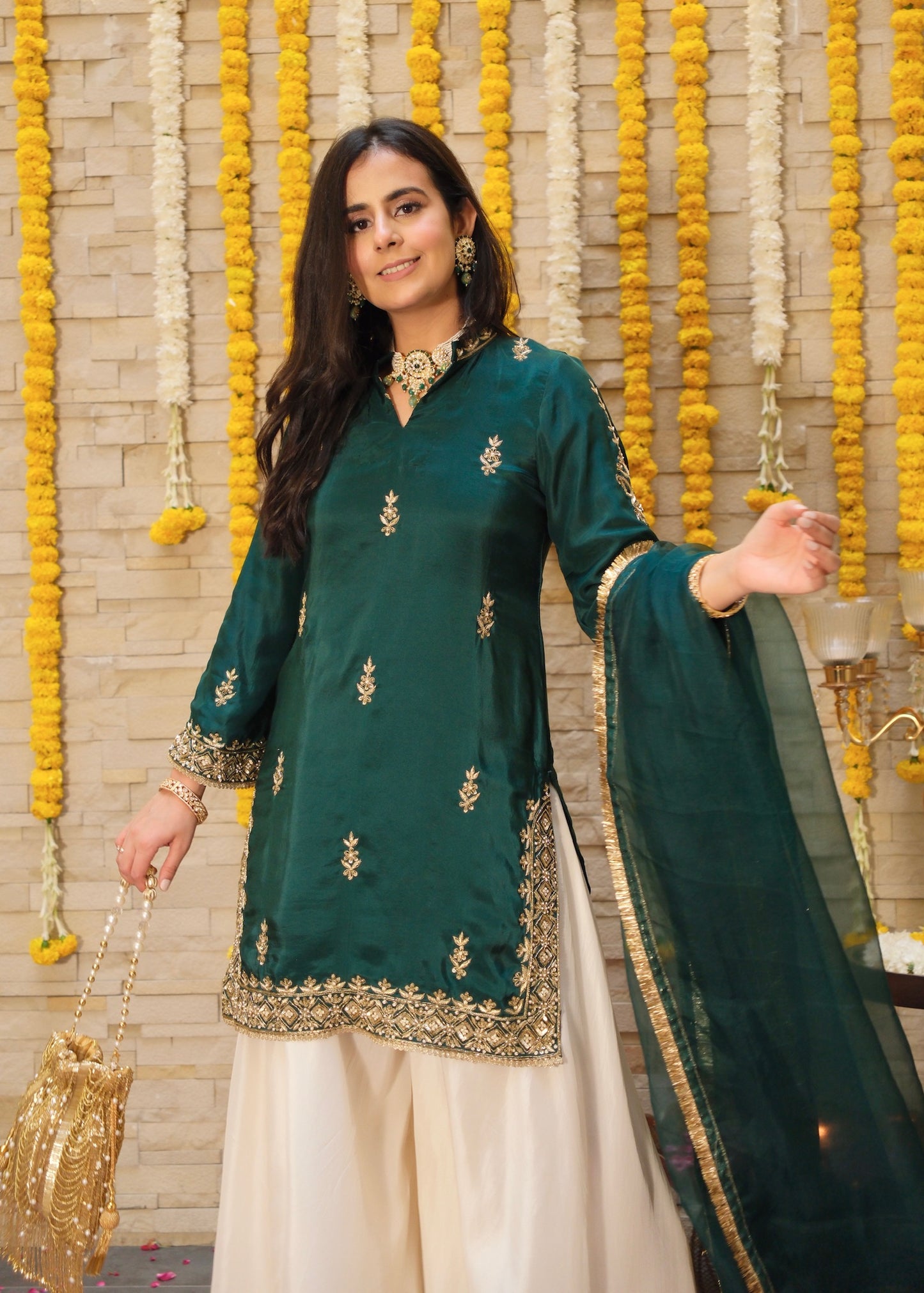 Sitara- Bottle Green Contrast Sharara Set