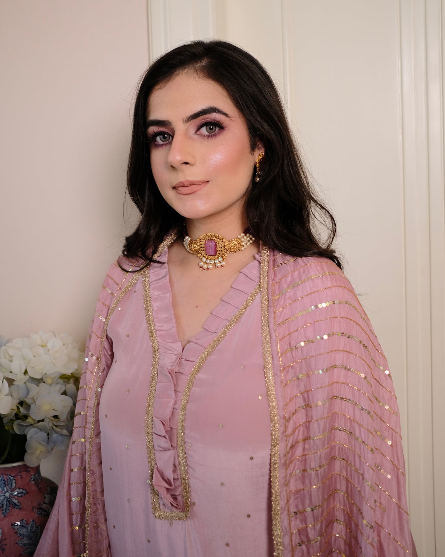 Mauve Crepe Suit with Hand Embroidery