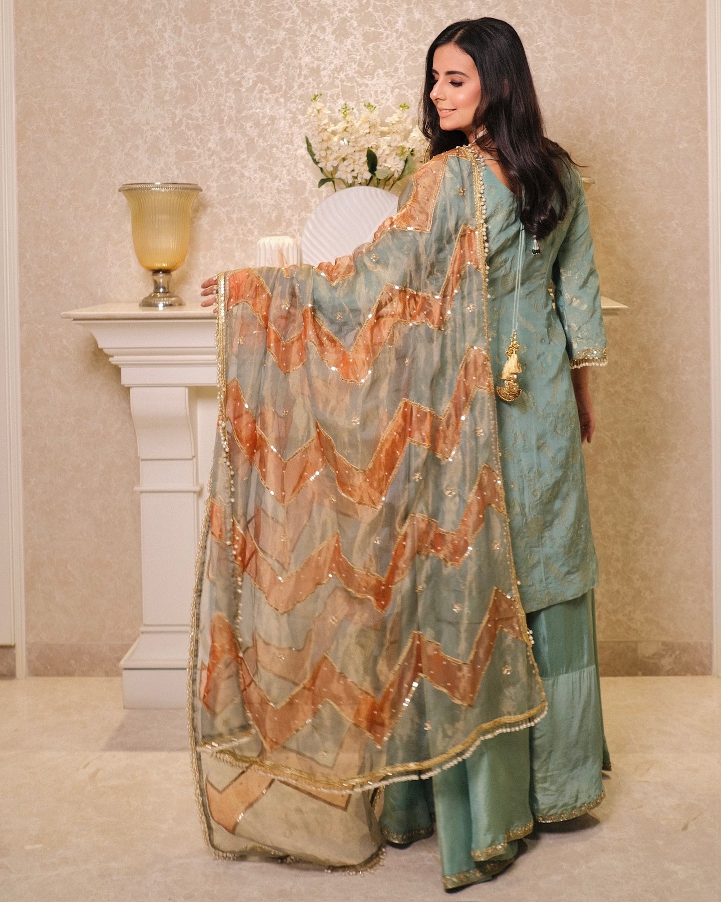 Teal Blue Shimmer Tissue Suit with Hand Embroidery