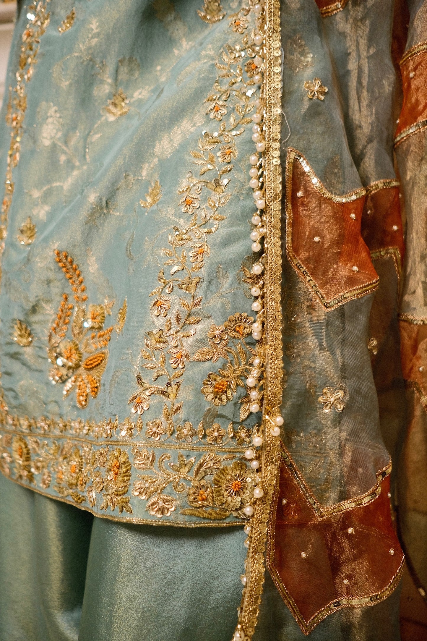 Teal Blue Shimmer Tissue Suit with Hand Embroidery