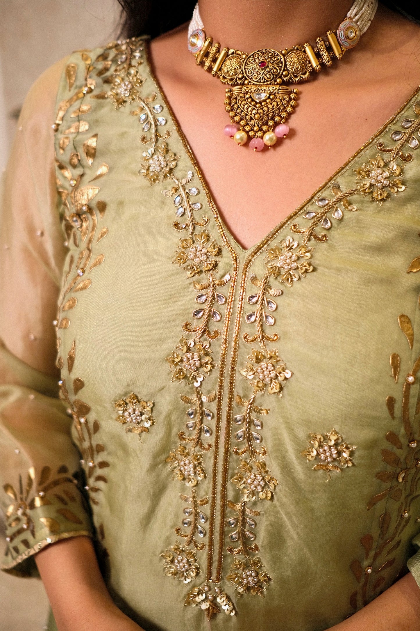 Soft Green Organza Suit with Hand Embroidery & Foil Print