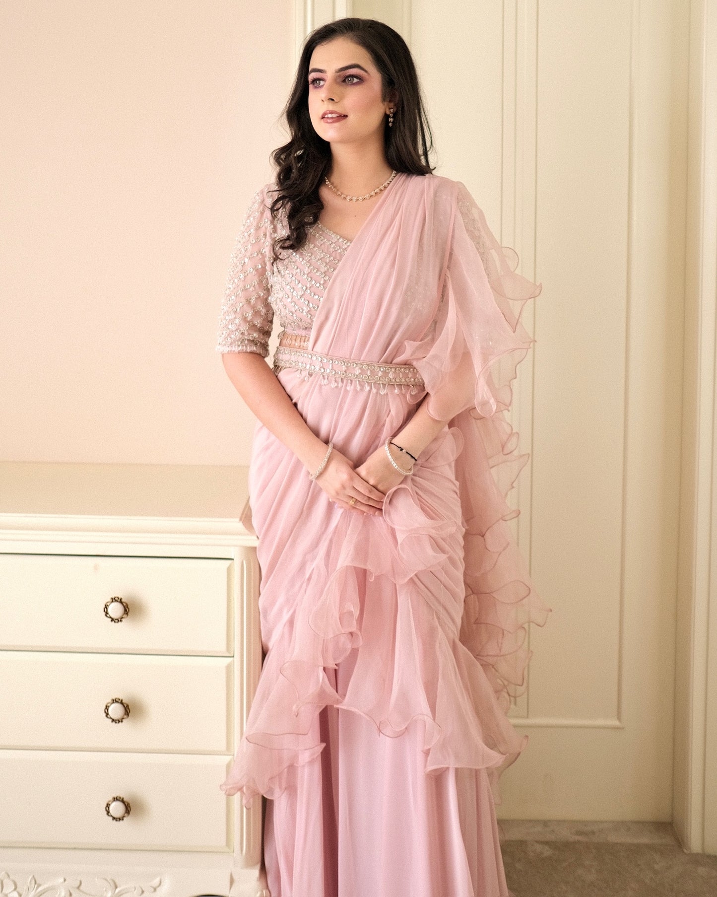 Peach Ruffle Saree with Hand-Embroidered Blouse & Belt