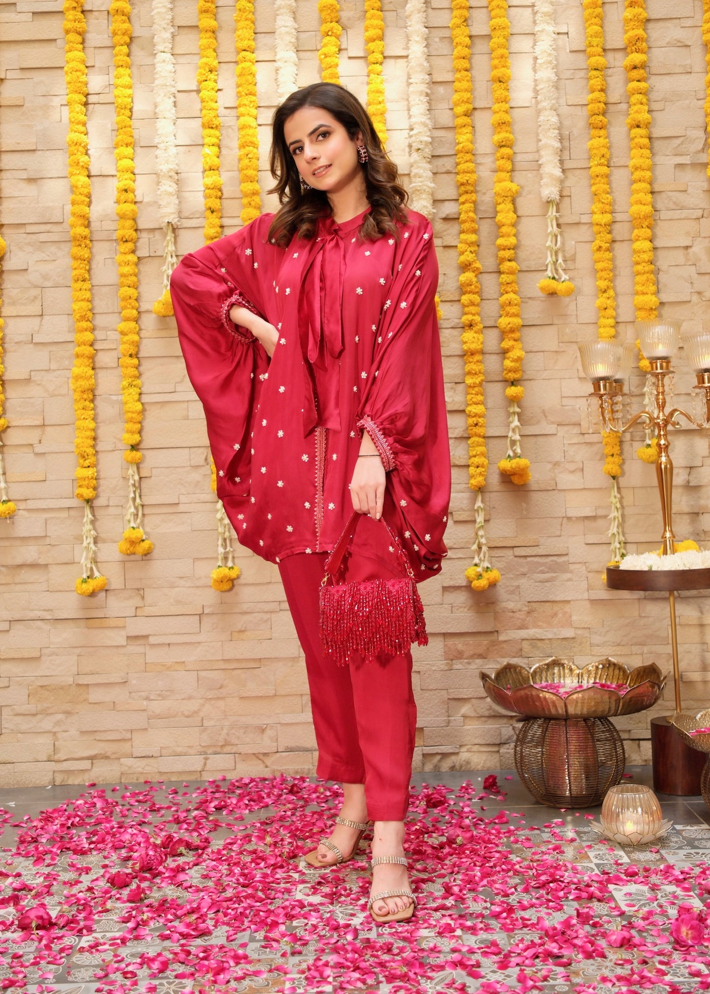Maroon Hand-Embroidered Kaftan Co-ord Set