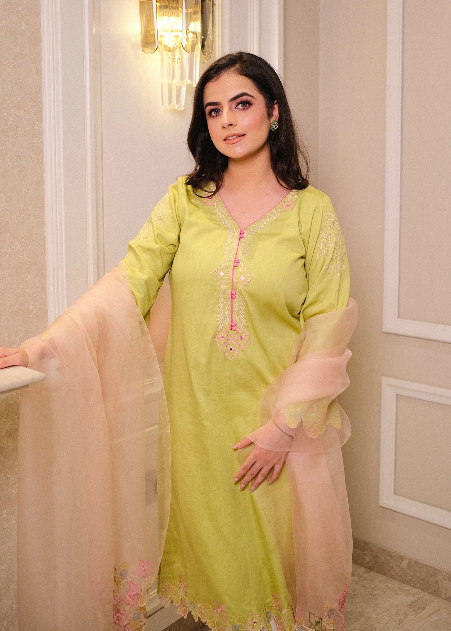 Lime Green Cotton Suit with Multi-Color Thread Embroidery