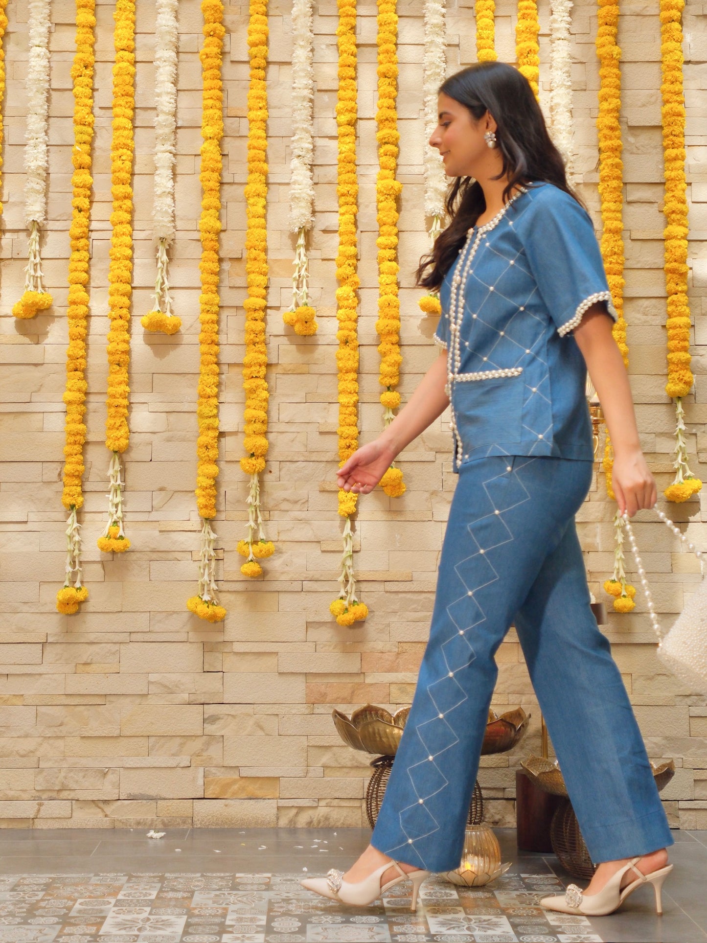 Denim Pearl Embroidered Co-ord Set