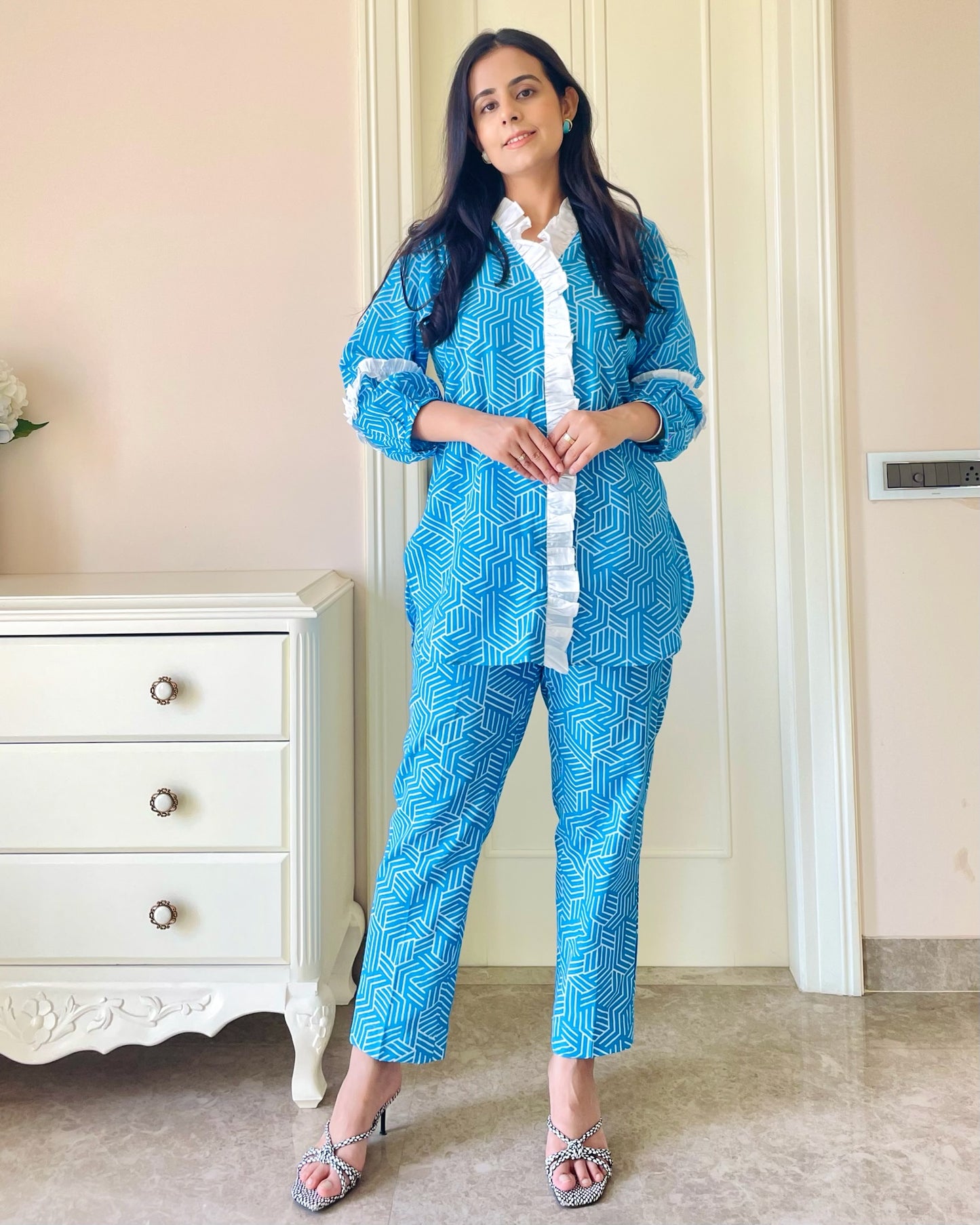 Blue Geometric Cotton Linen Co-ord Set