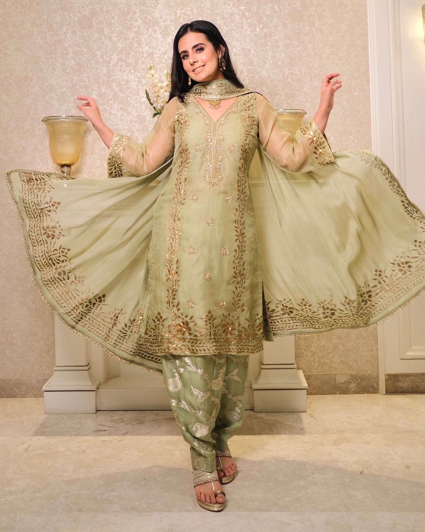 Soft Green Organza Suit with Hand Embroidery & Foil Print