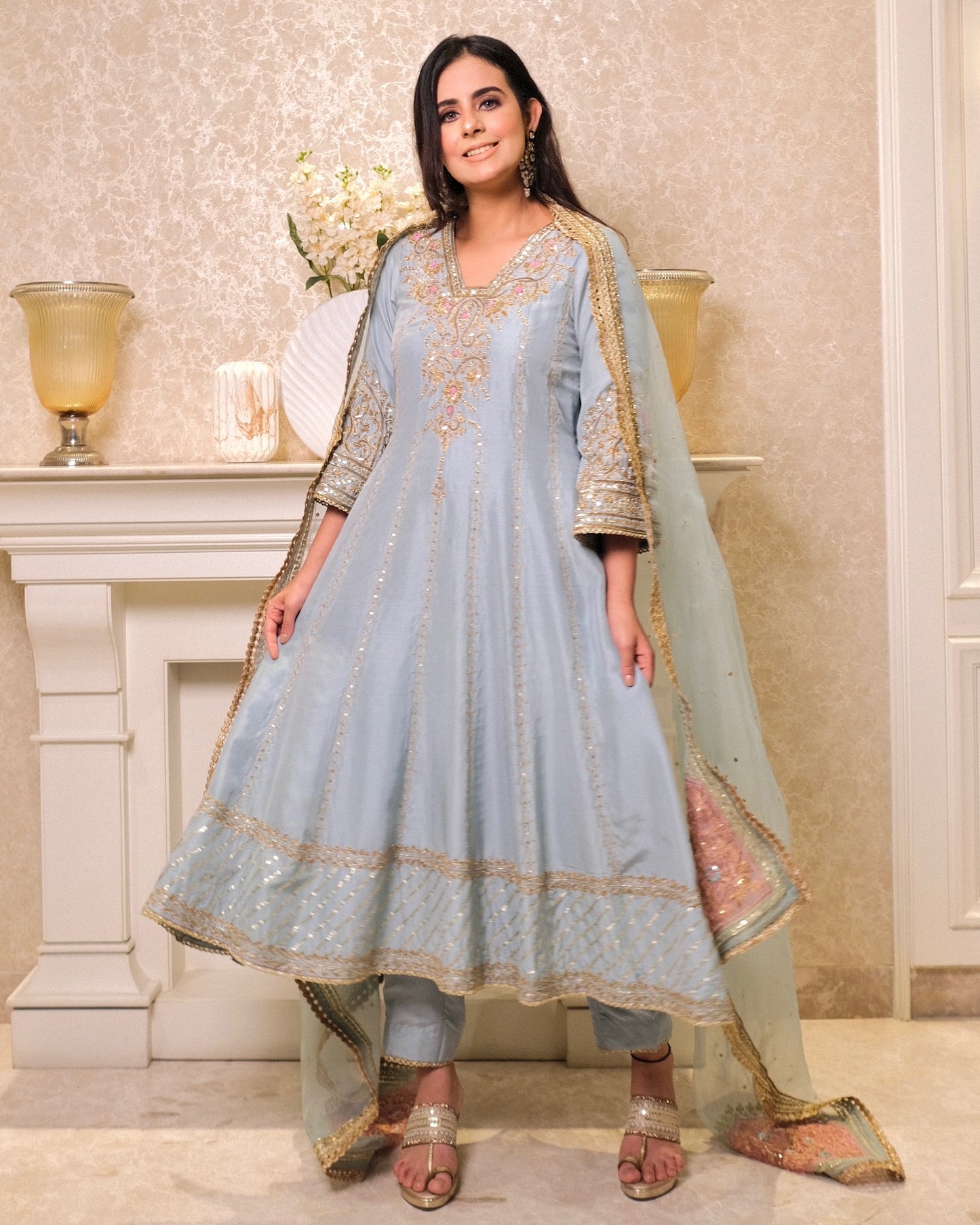 Pure Silk Anarkali Suit with Hand Embroidery & Organza Dupatta