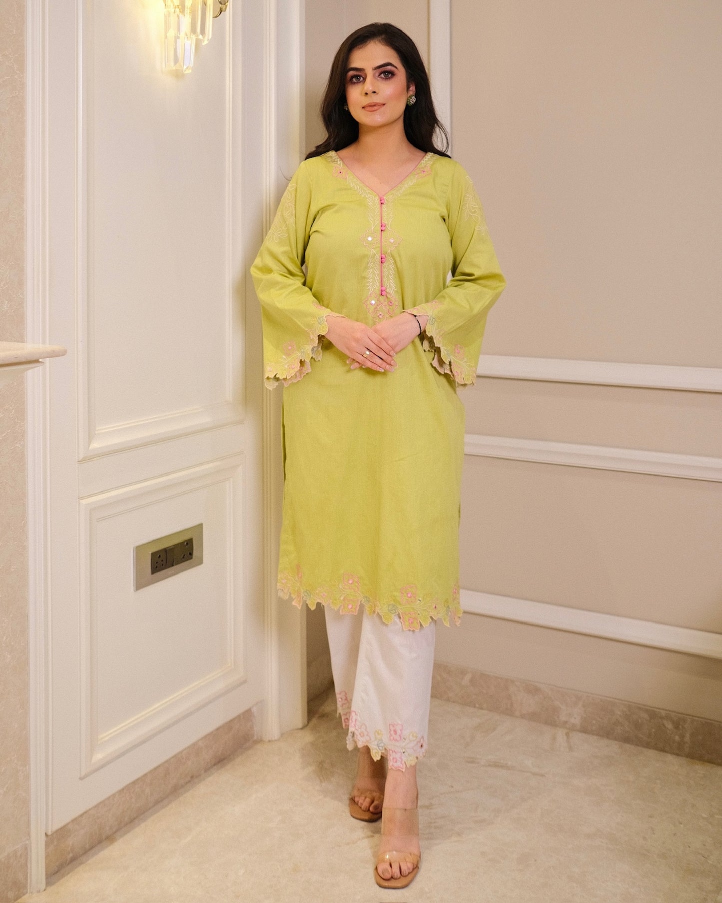 Lime Green Cotton Suit with Multi-Color Thread Embroidery