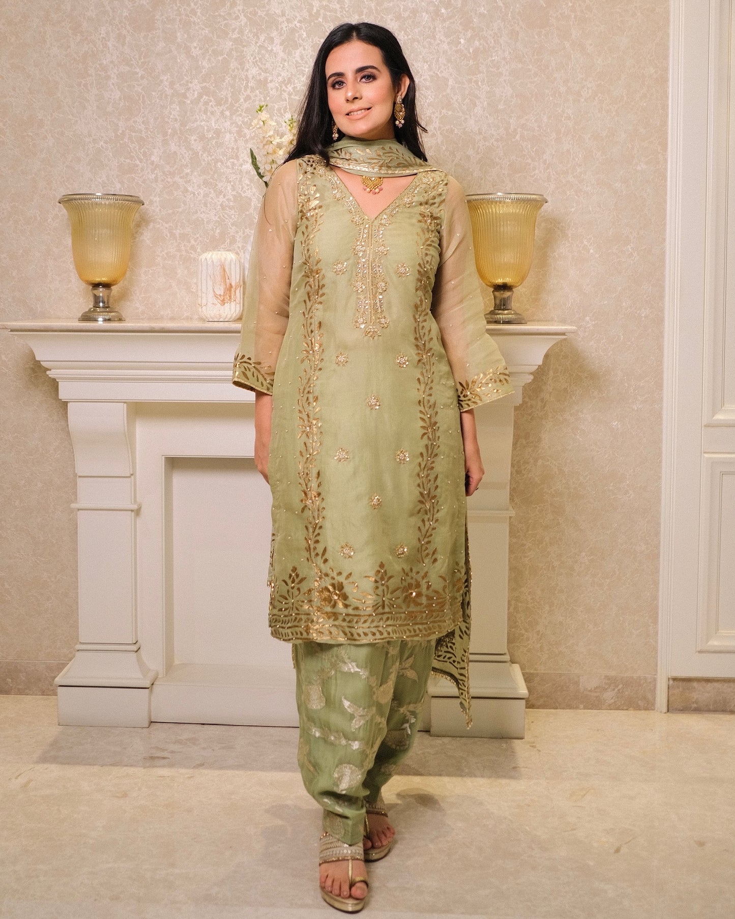 Soft Green Organza Suit with Hand Embroidery & Foil Print