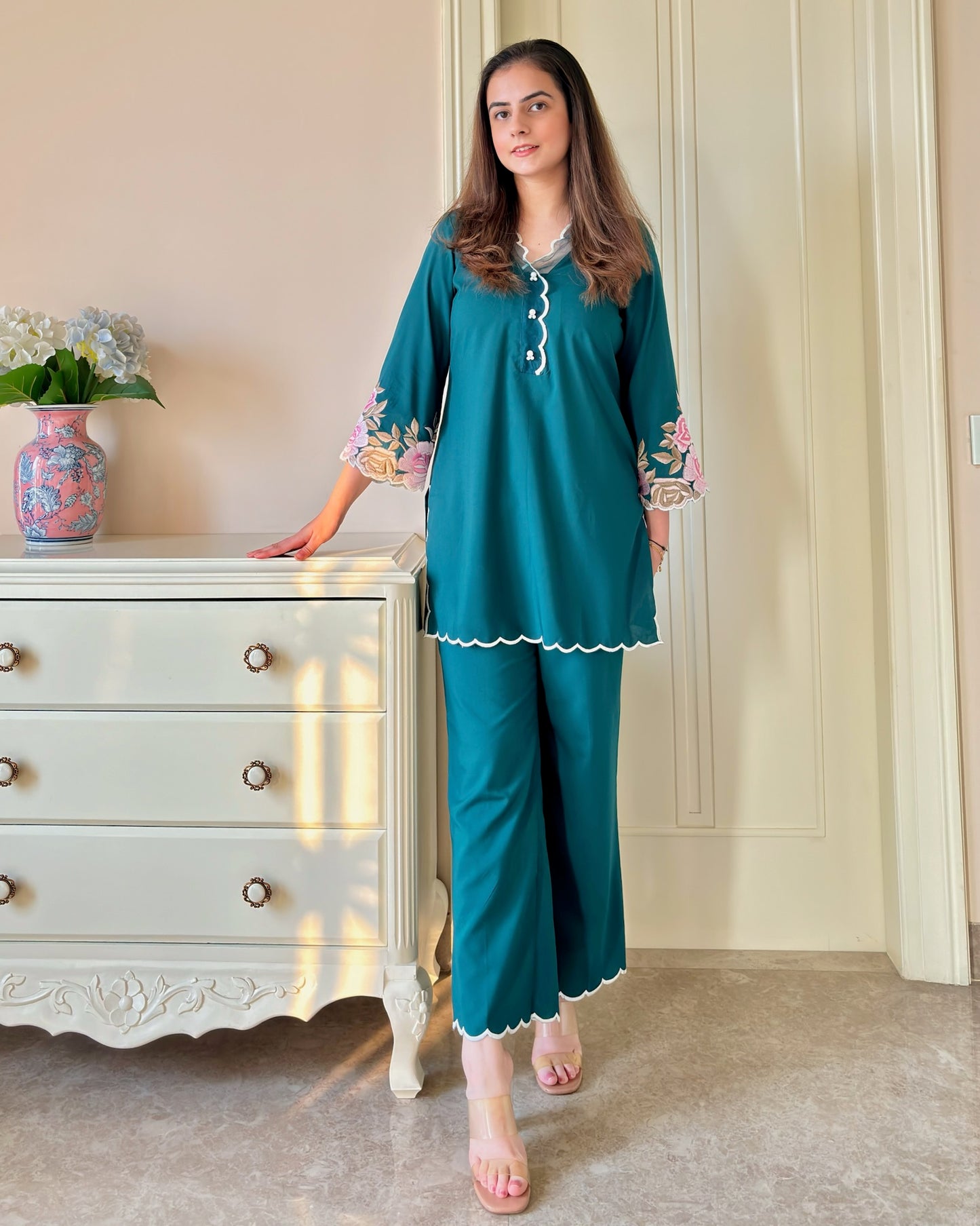 Cotton Bottle Green Kurta Set