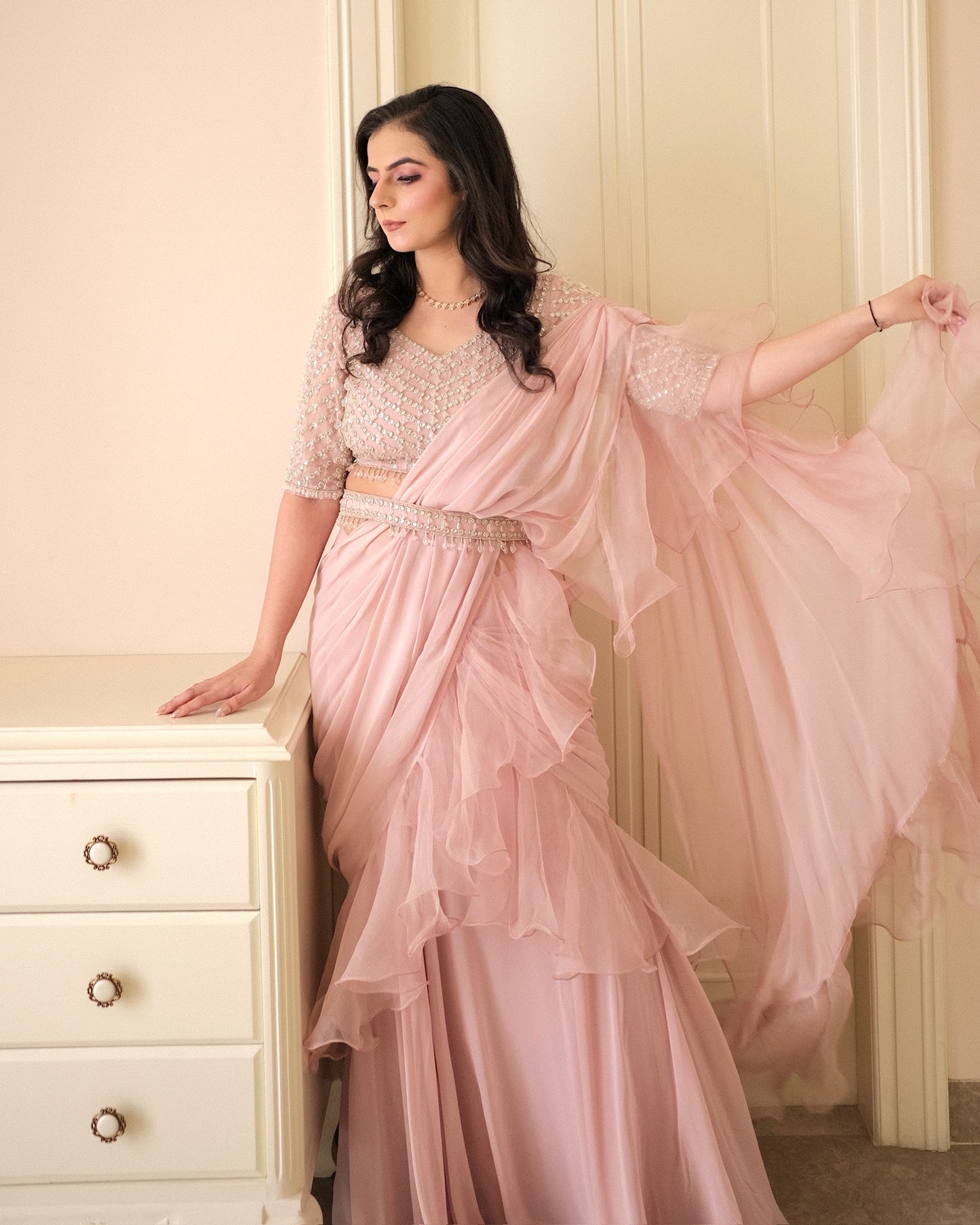 Peach Ruffle Saree with Hand-Embroidered Blouse & Belt