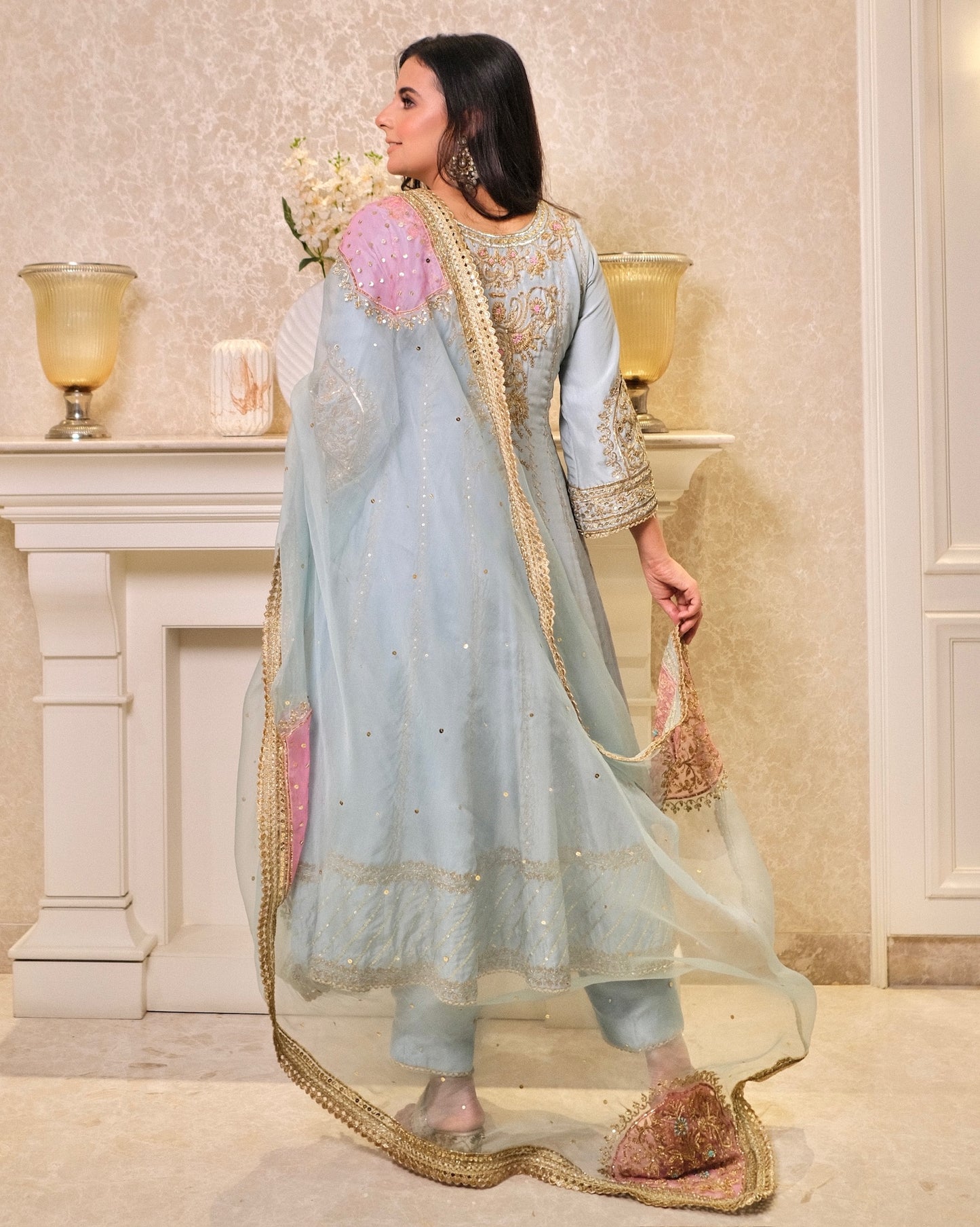 Pure Silk Anarkali Suit with Hand Embroidery & Organza Dupatta