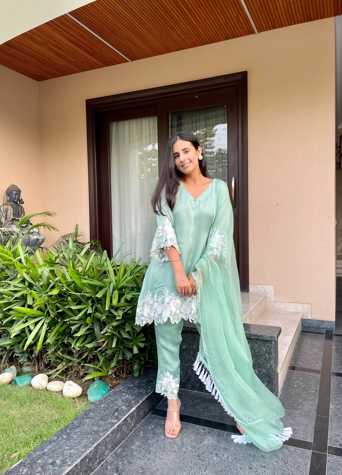 Sage Green Satin Organza Suit with Thread Embroidery
