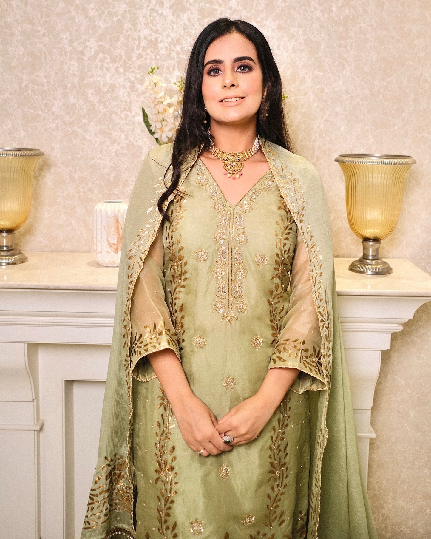 Soft Green Organza Suit with Hand Embroidery & Foil Print