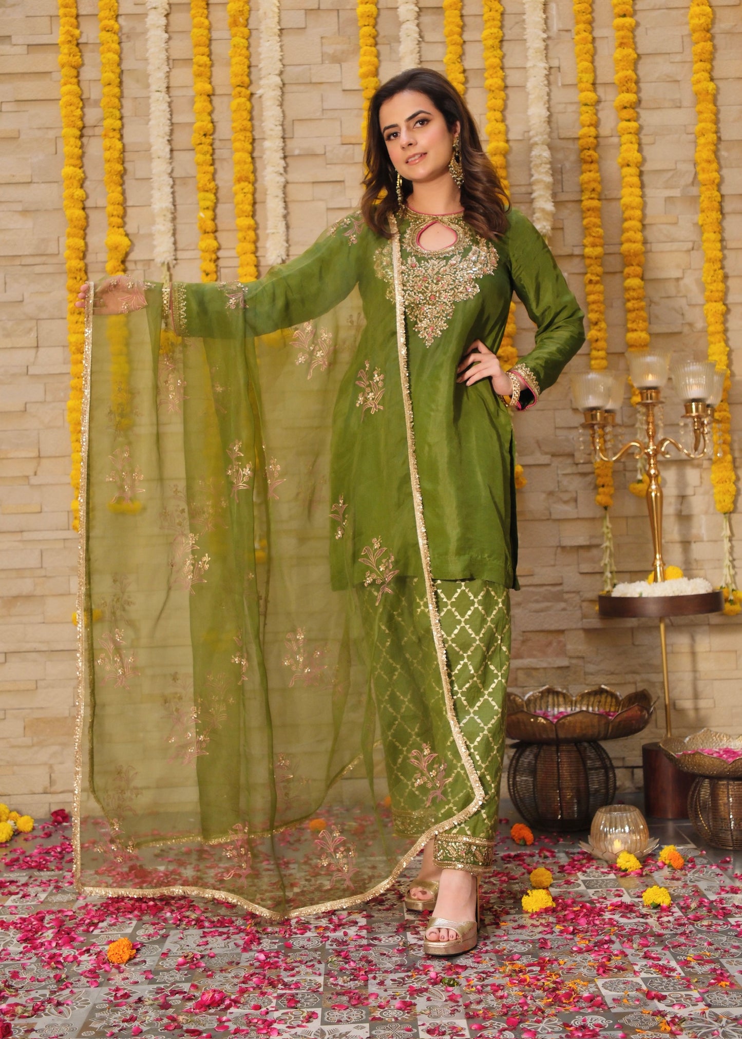Olive Green Silk Suit Set