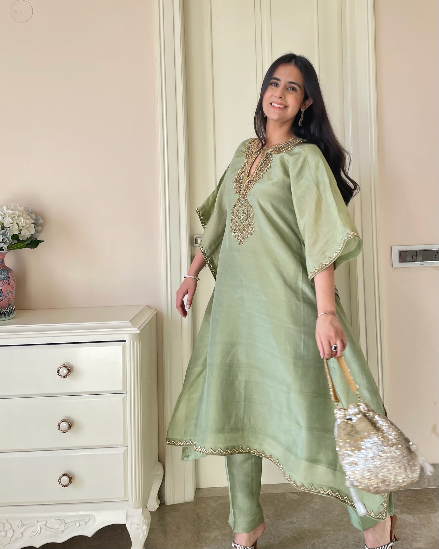 Green Elegance Hand-Embroidered Kaftan Set