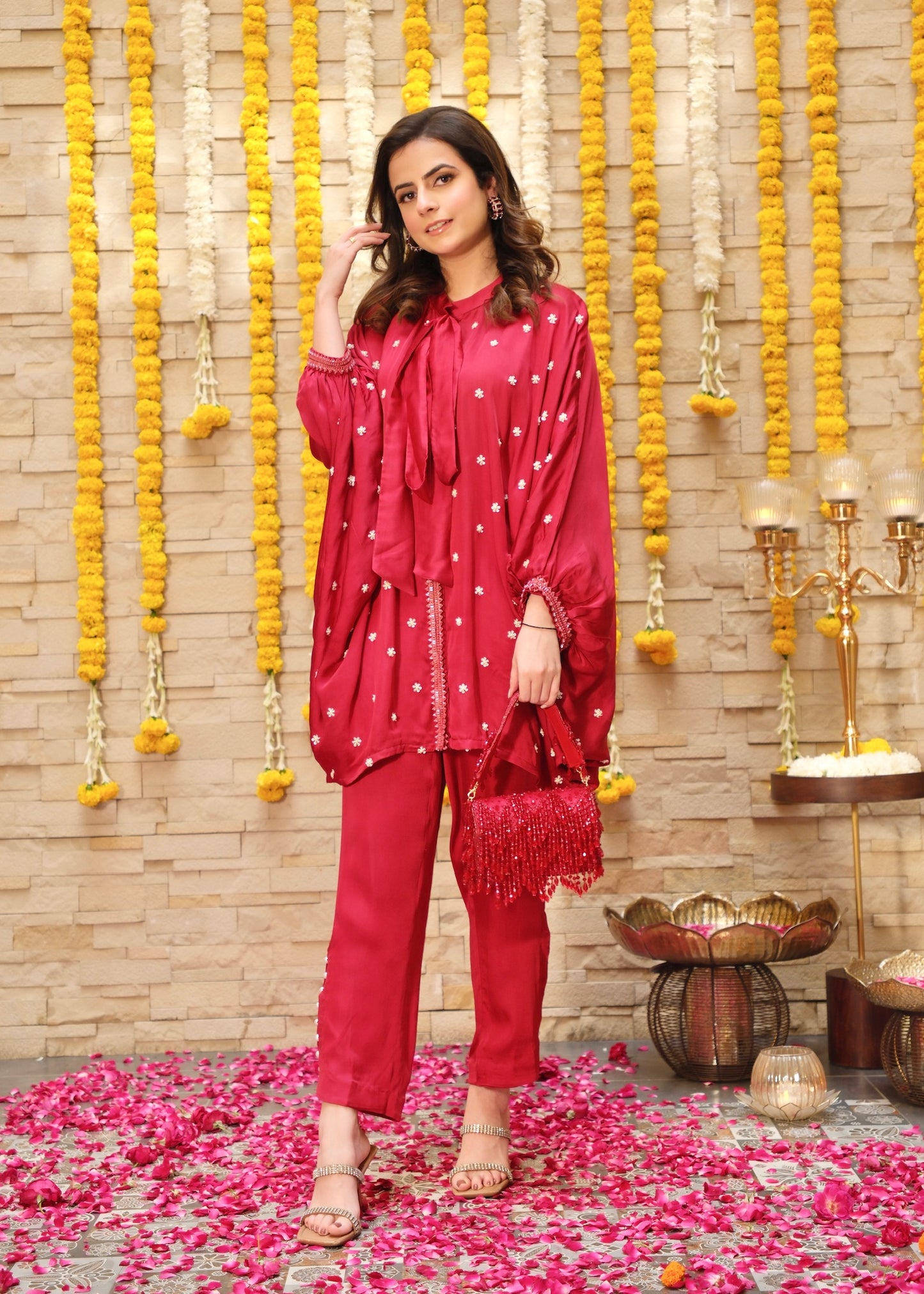 Maroon Hand-Embroidered Kaftan Co-ord Set