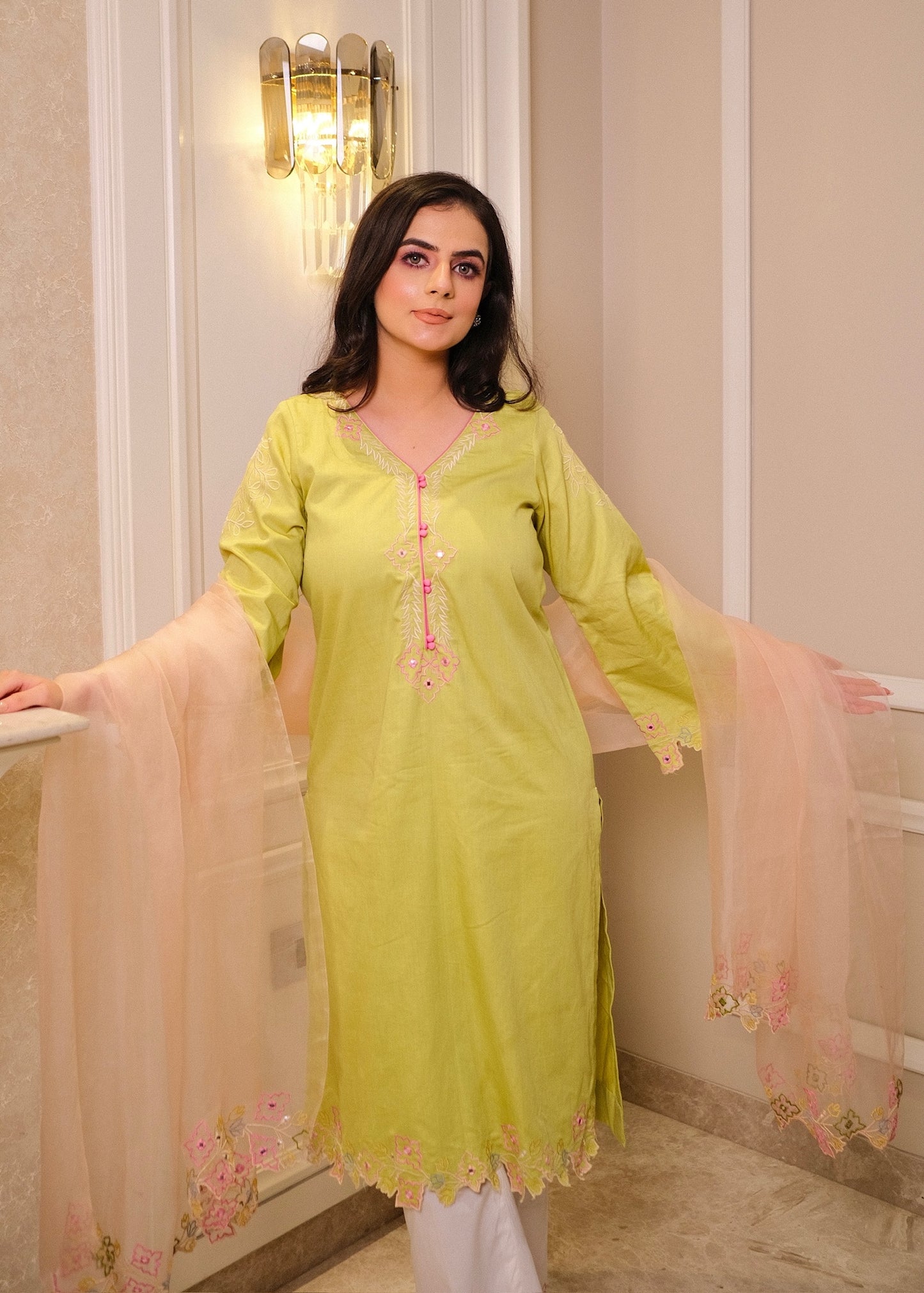 Lime Green Cotton Suit with Multi-Color Thread Embroidery