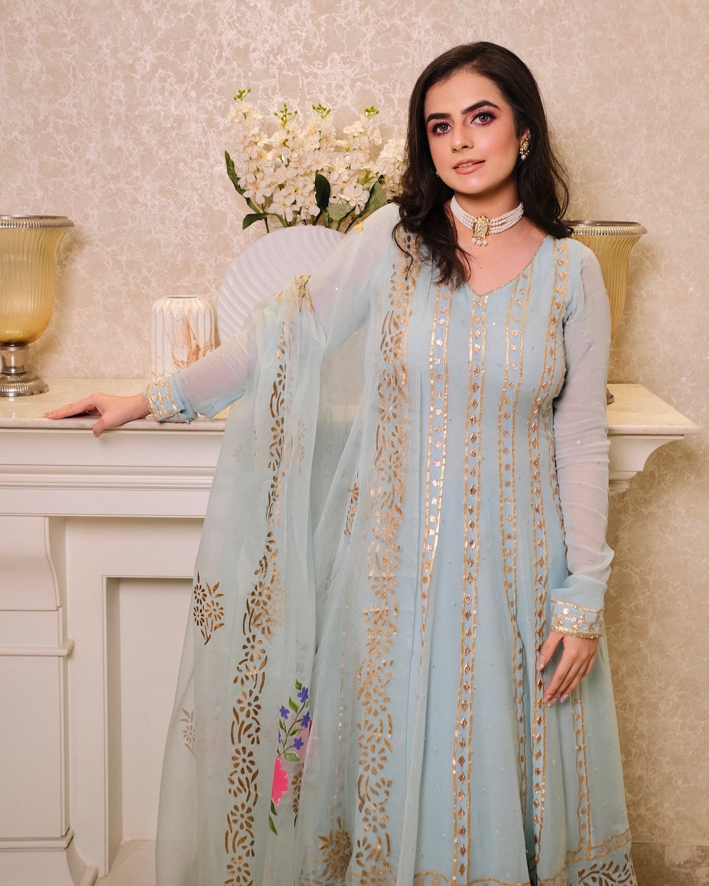 Elegant Georgette Anarkali Suit with Block printed & Hand-Painted Dupatta