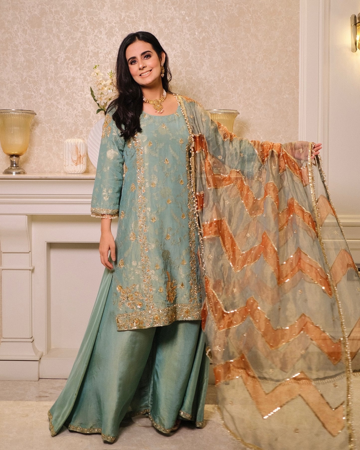 Teal Blue Shimmer Tissue Suit with Hand Embroidery