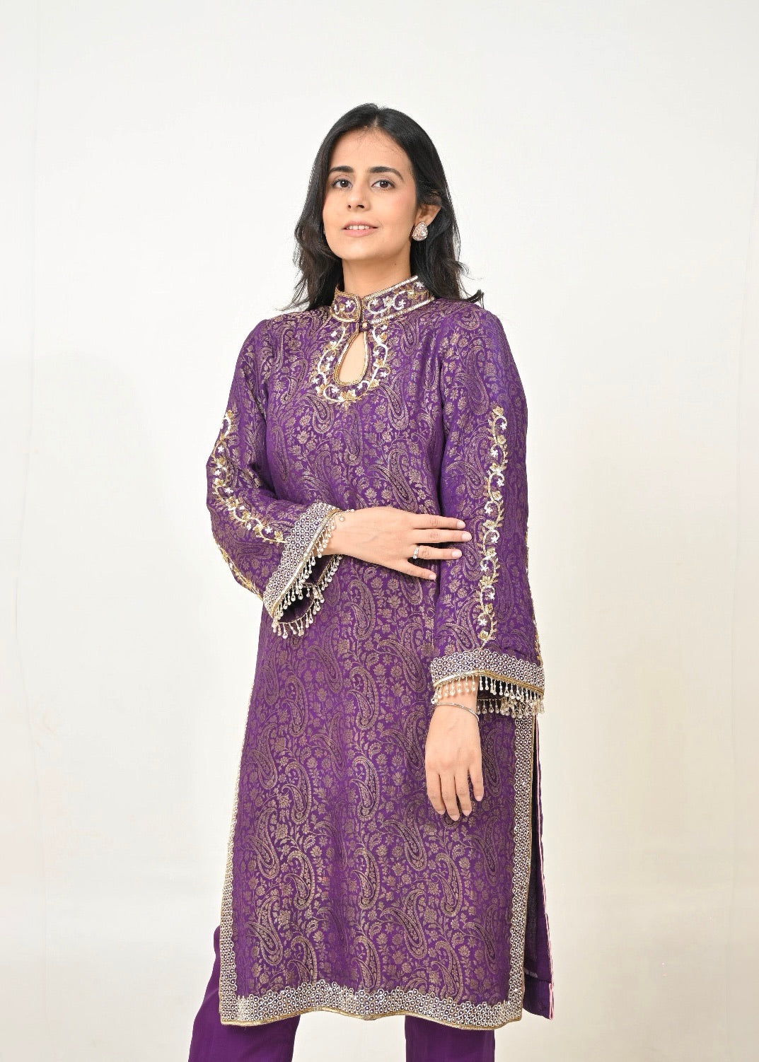 Noor Hand-Embroidered Banarasi Suit Set- Purple