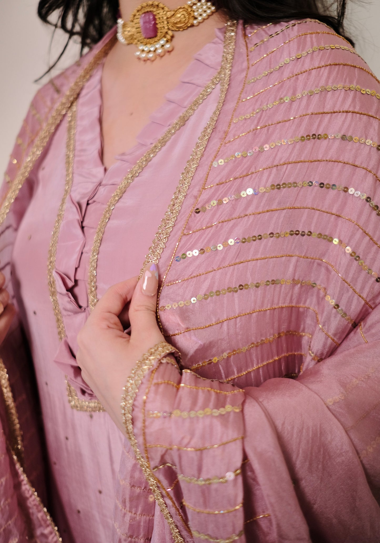 Mauve Crepe Suit with Hand Embroidery