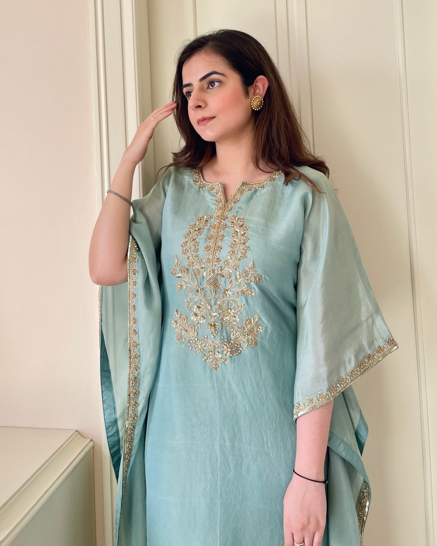 Aqua Elegance Hand-Embroidered Kaftan Set