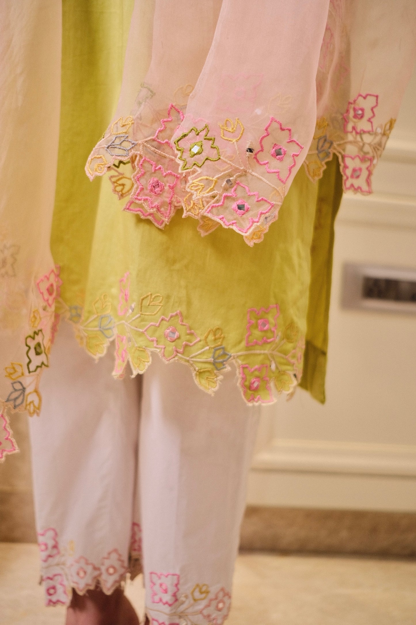 Lime Green Cotton Suit with Multi-Color Thread Embroidery