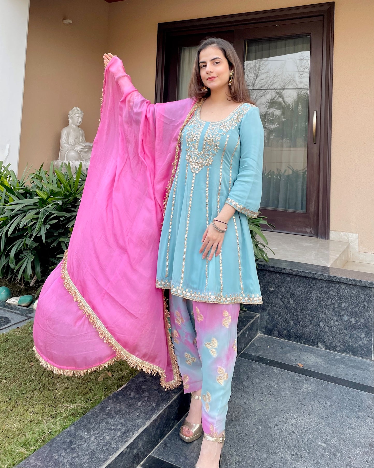 Aqua Blue Hand-Embroidered Suit Set