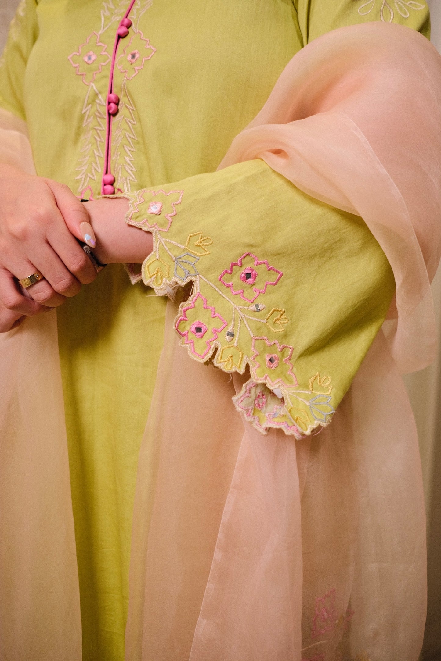 Lime Green Cotton Suit with Multi-Color Thread Embroidery