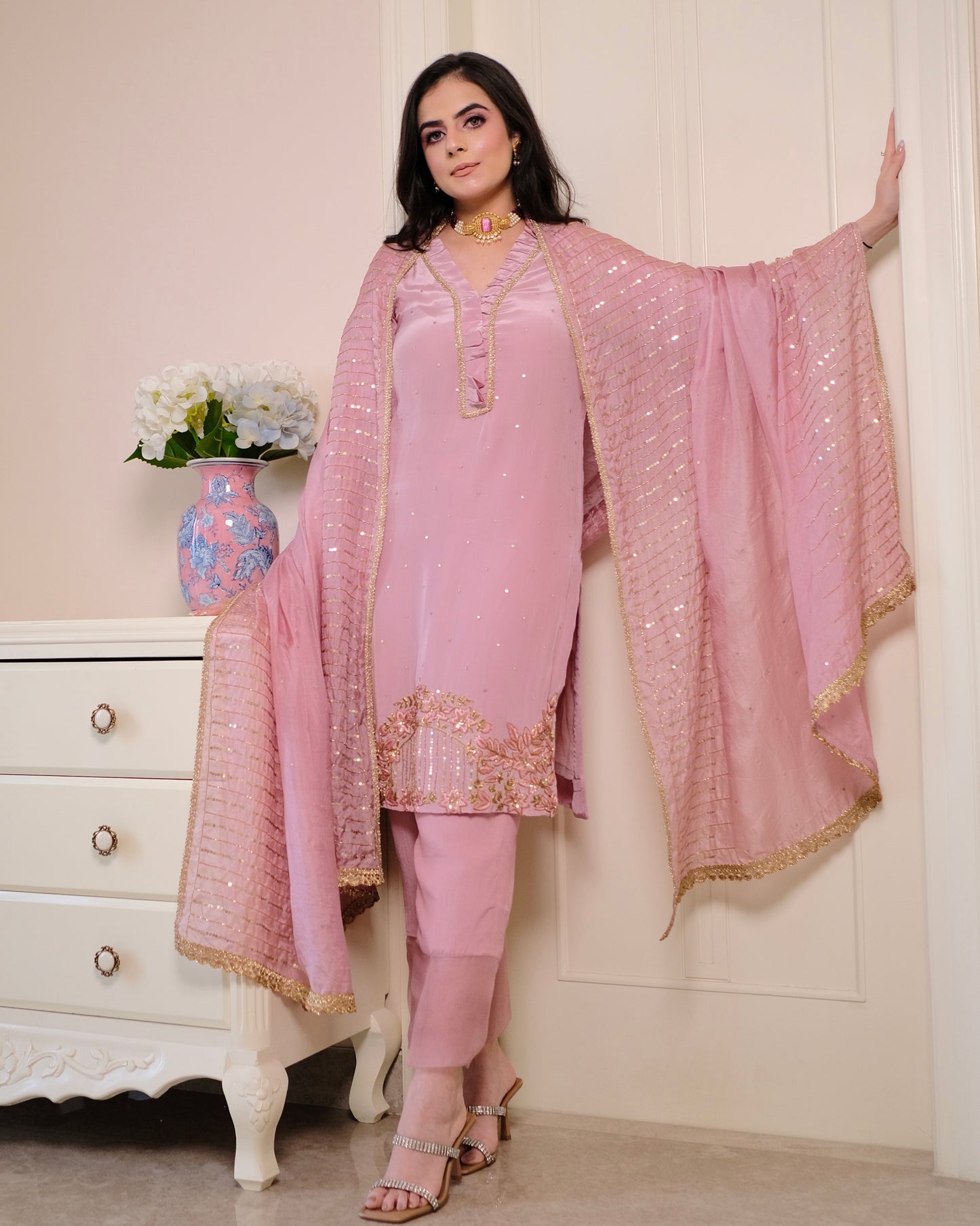 Mauve Crepe Suit with Hand Embroidery