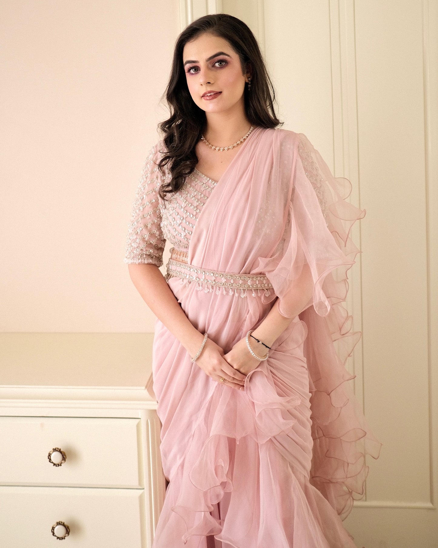 Peach Ruffle Saree with Hand-Embroidered Blouse & Belt