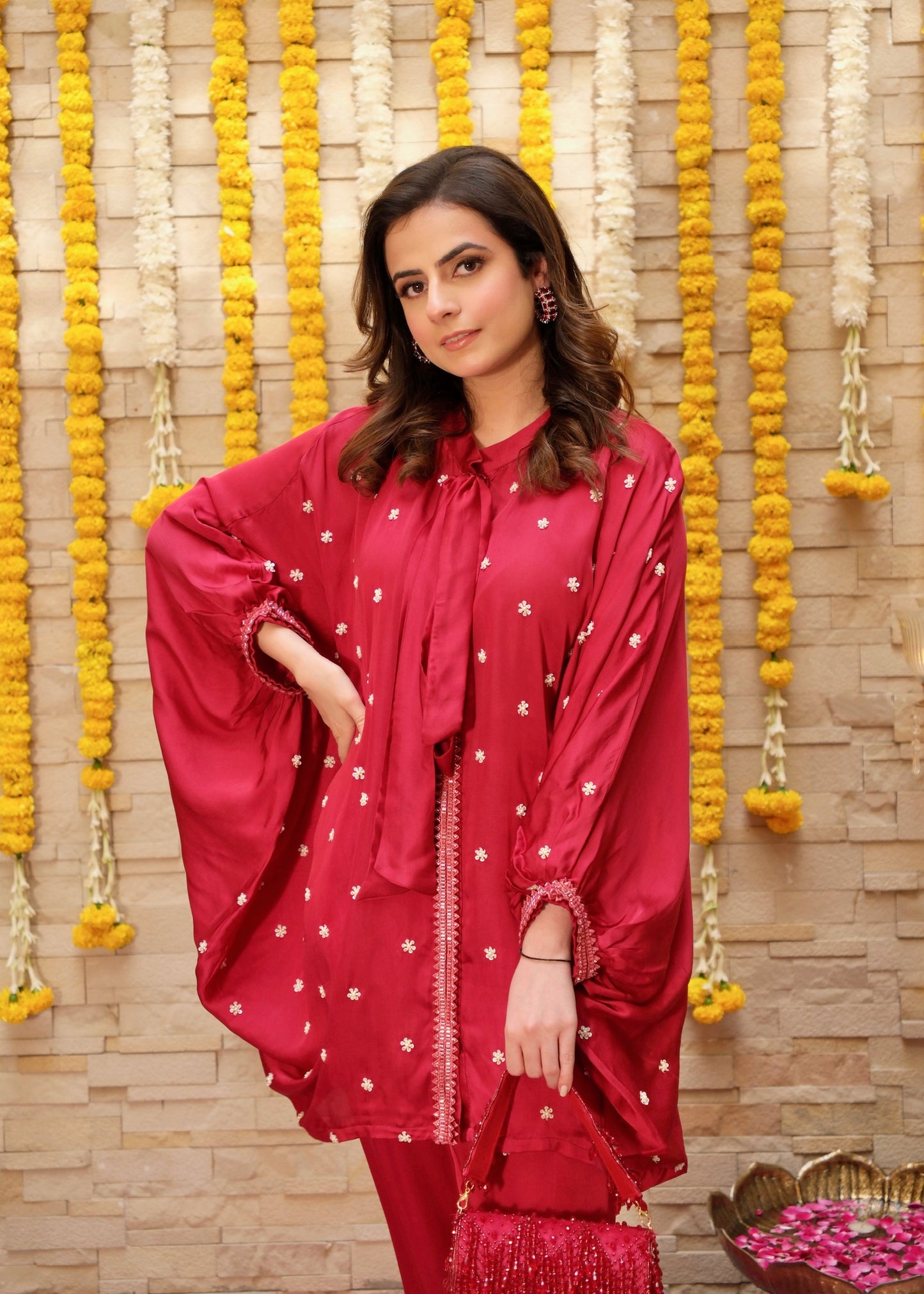 Maroon Hand-Embroidered Kaftan Co-ord Set