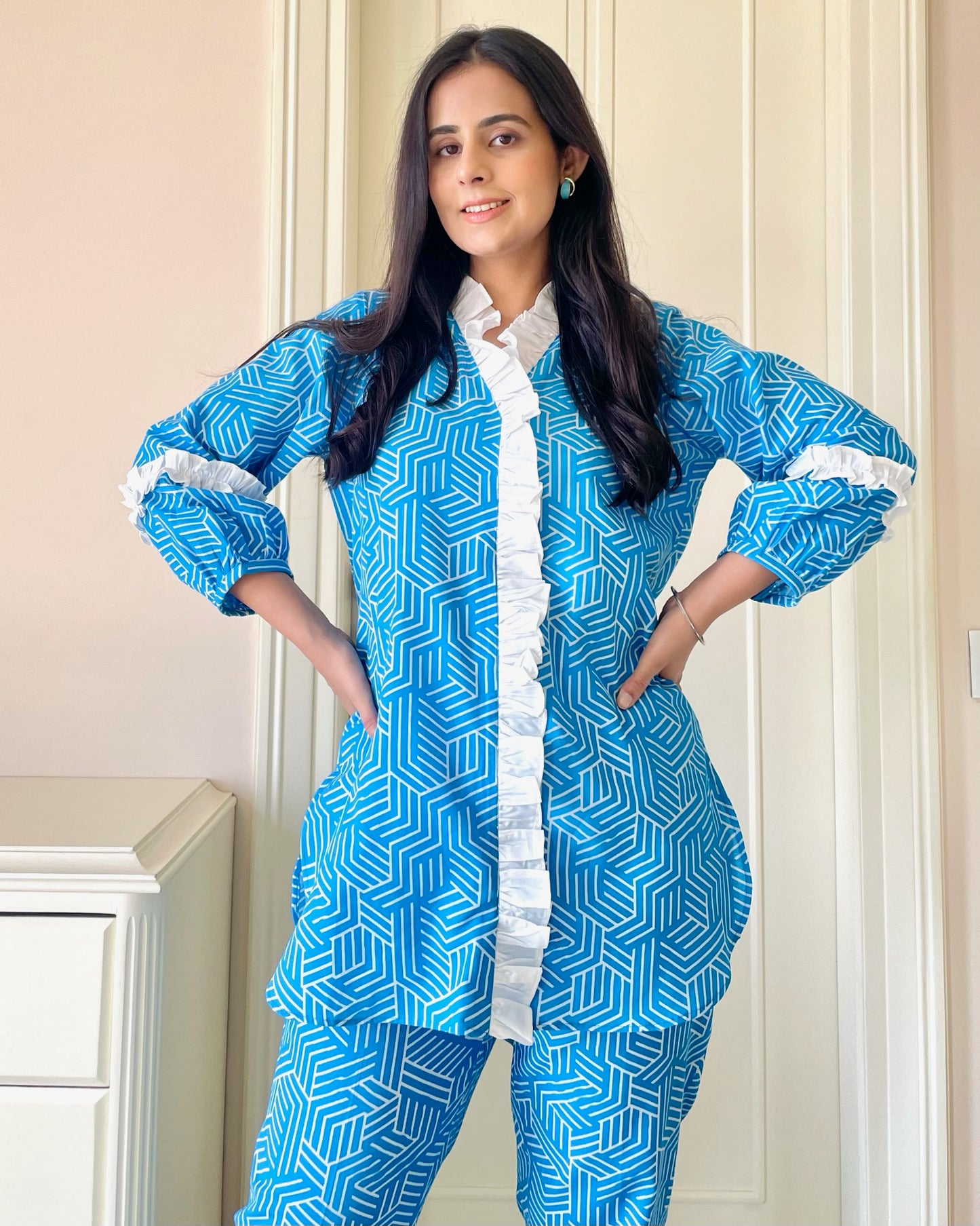Blue Geometric Cotton Linen Co-ord Set