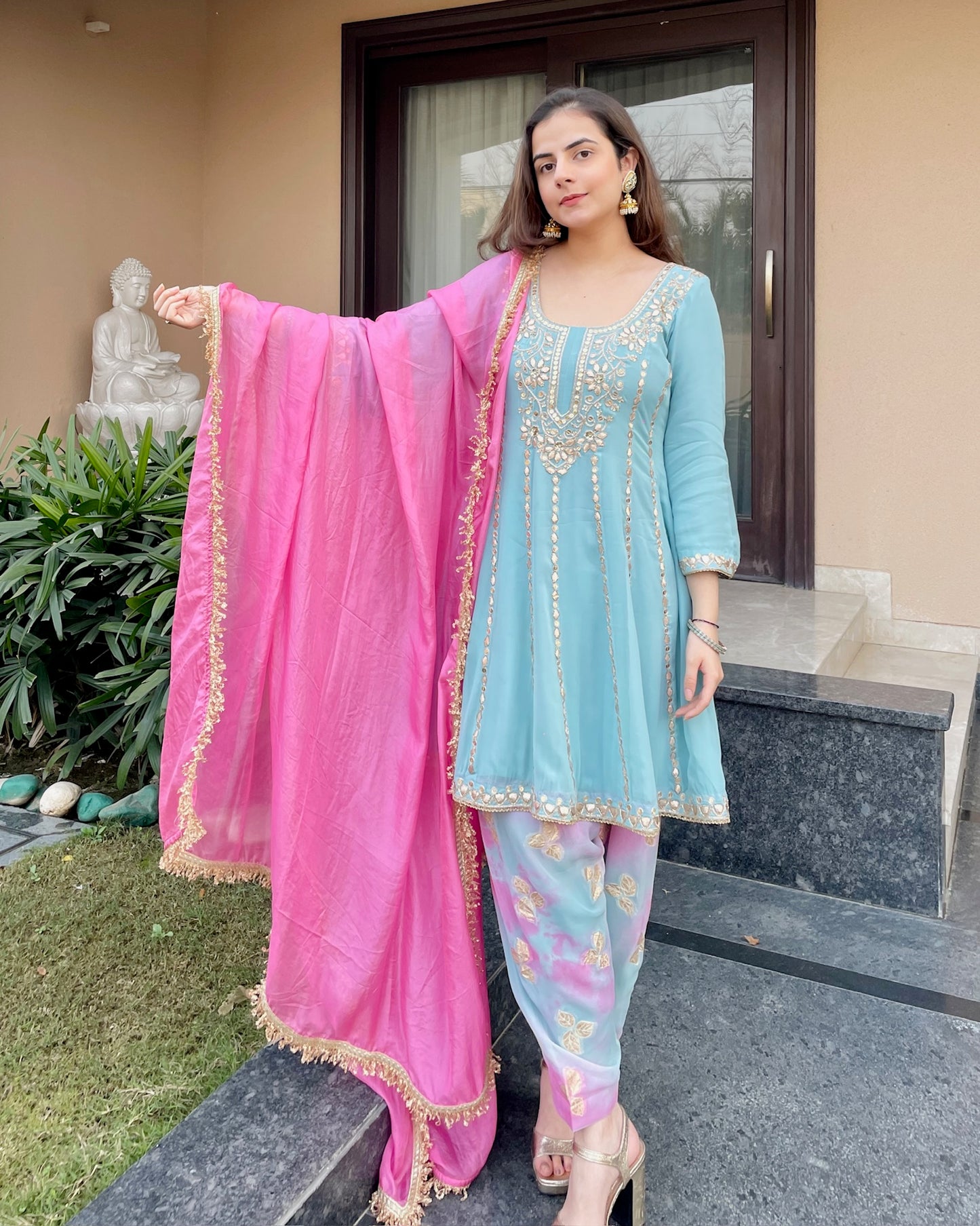 Aqua Blue Hand-Embroidered Suit Set