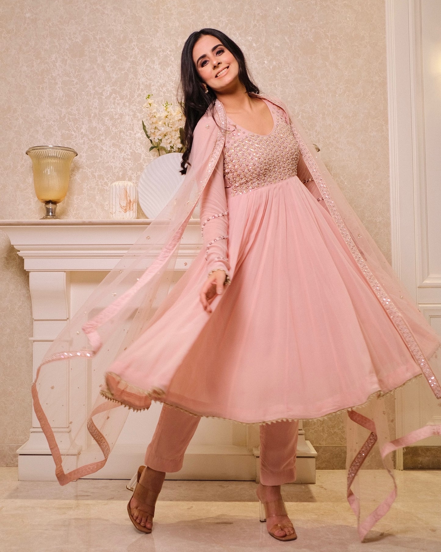 Perle Rose Peach Floral Anarkali