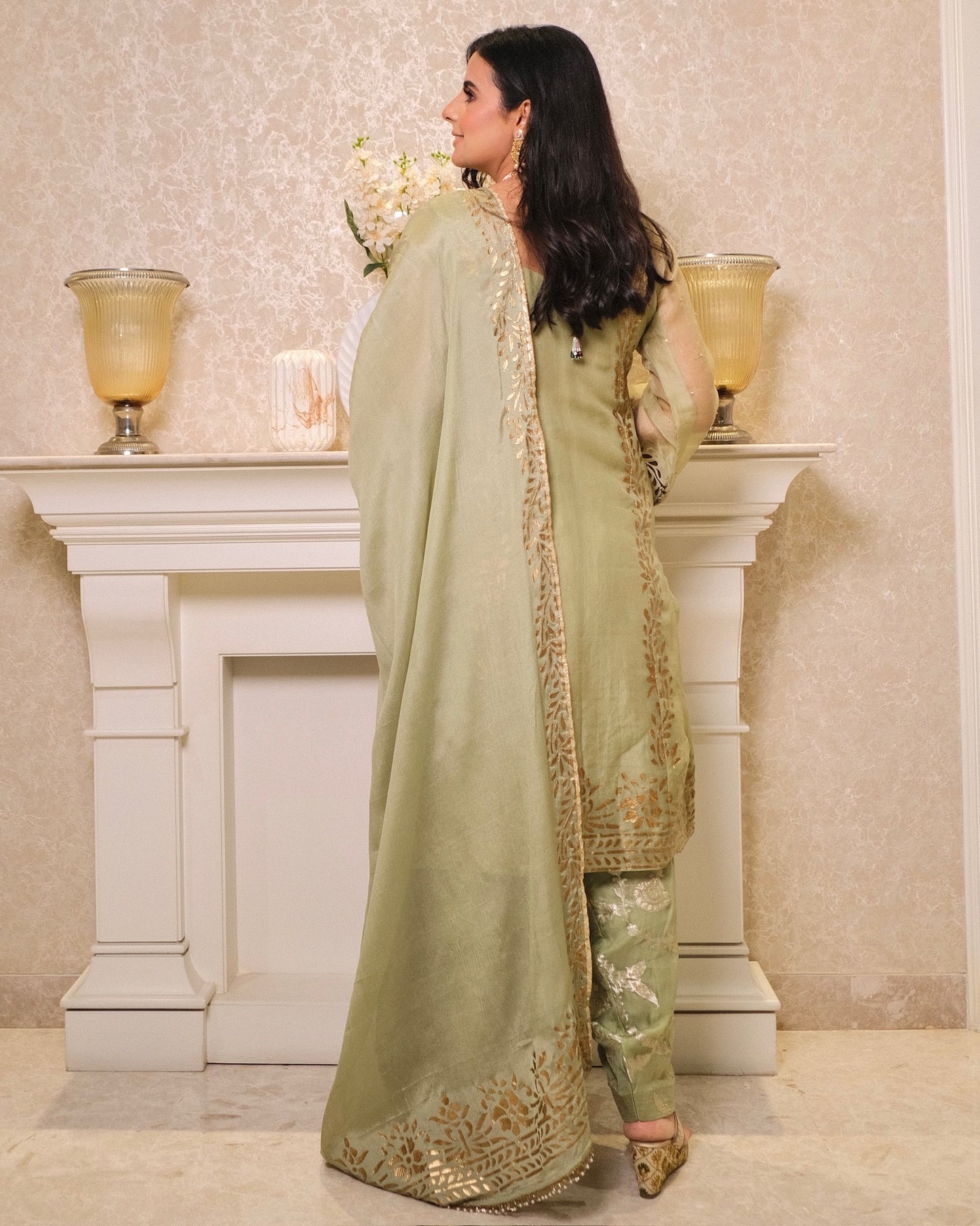 Soft Green Organza Suit with Hand Embroidery & Foil Print