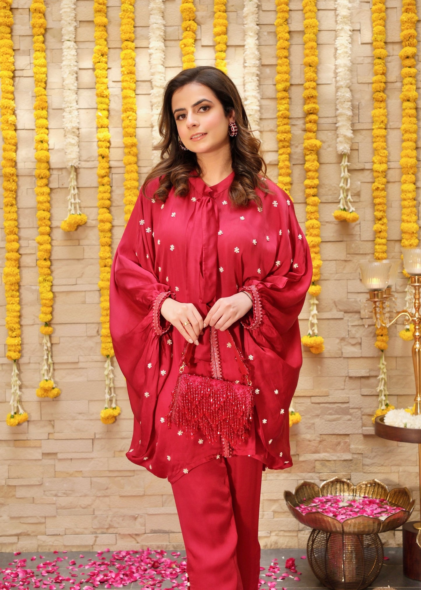 Maroon Hand-Embroidered Kaftan Co-ord Set