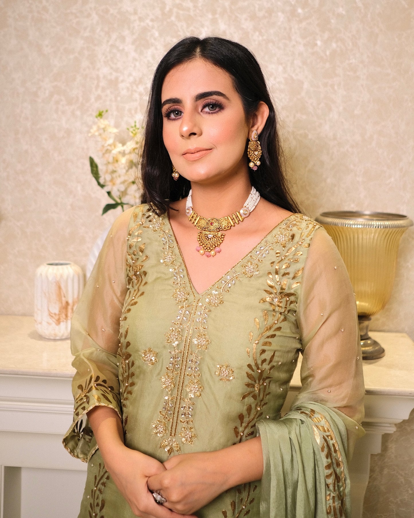 Soft Green Organza Suit with Hand Embroidery & Foil Print