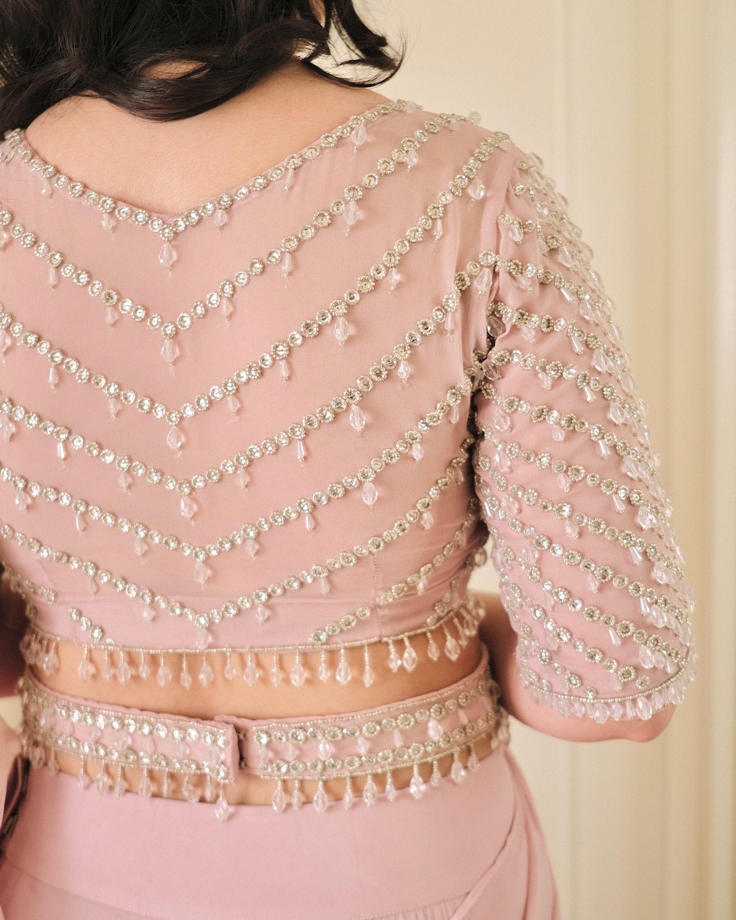 Peach Ruffle Saree with Hand-Embroidered Blouse & Belt