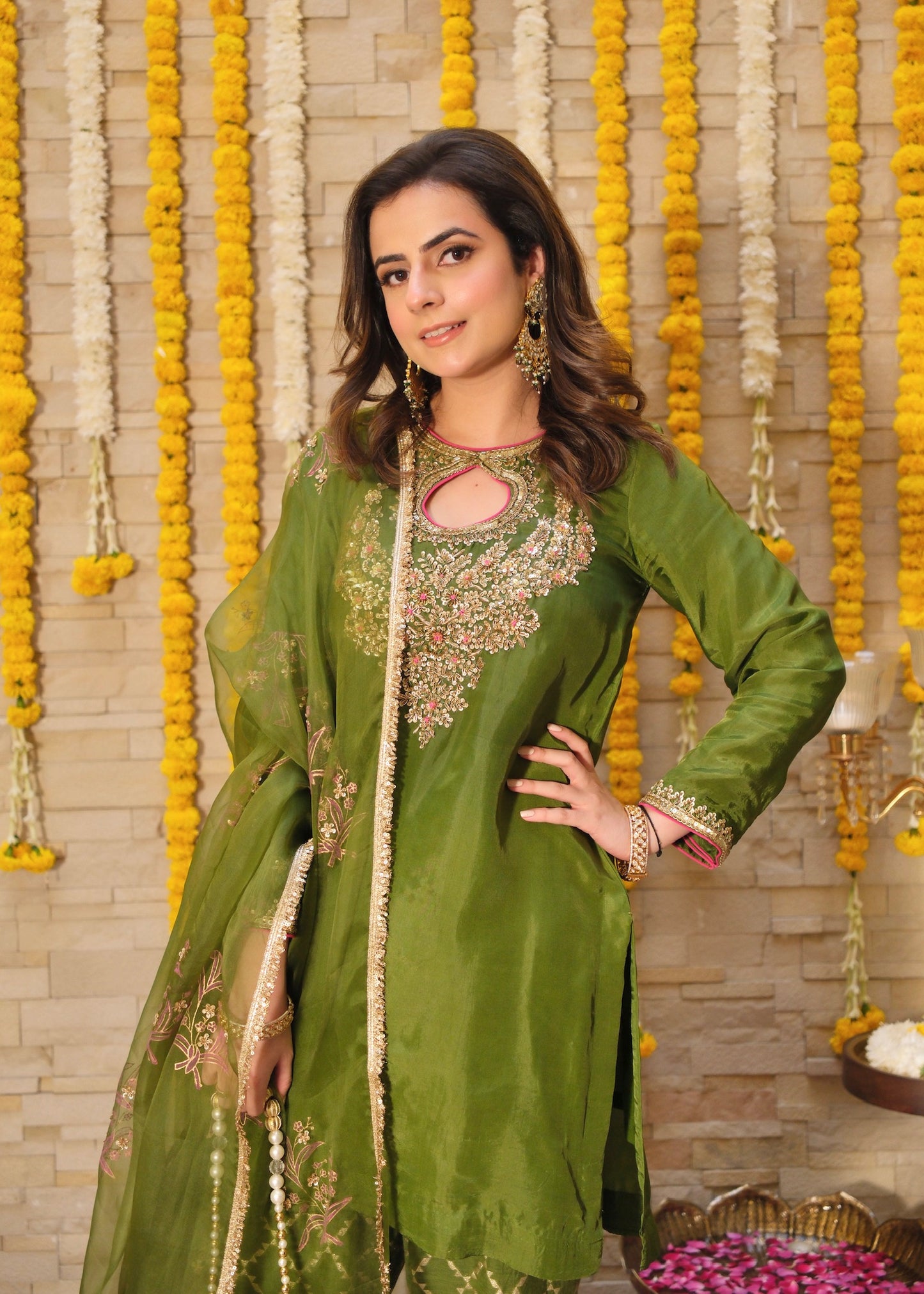 Olive Green Silk Suit Set